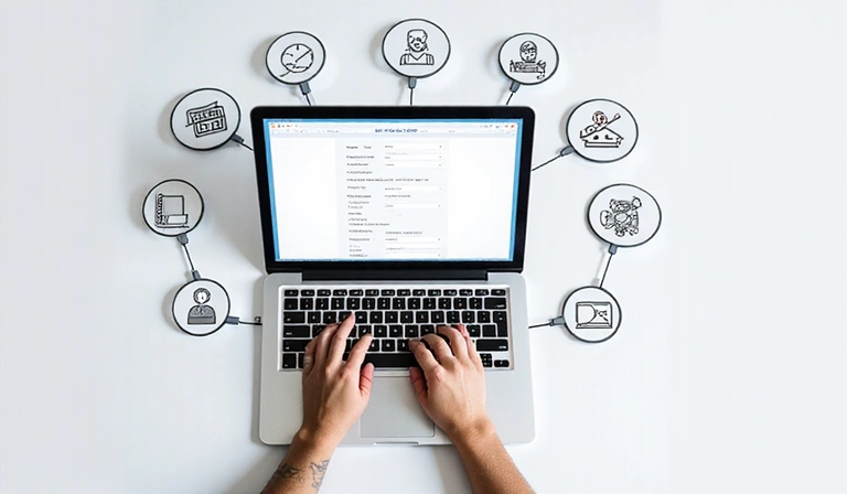 Person adjusting cookie settings on a laptop, with various icons representing privacy and data control around them.