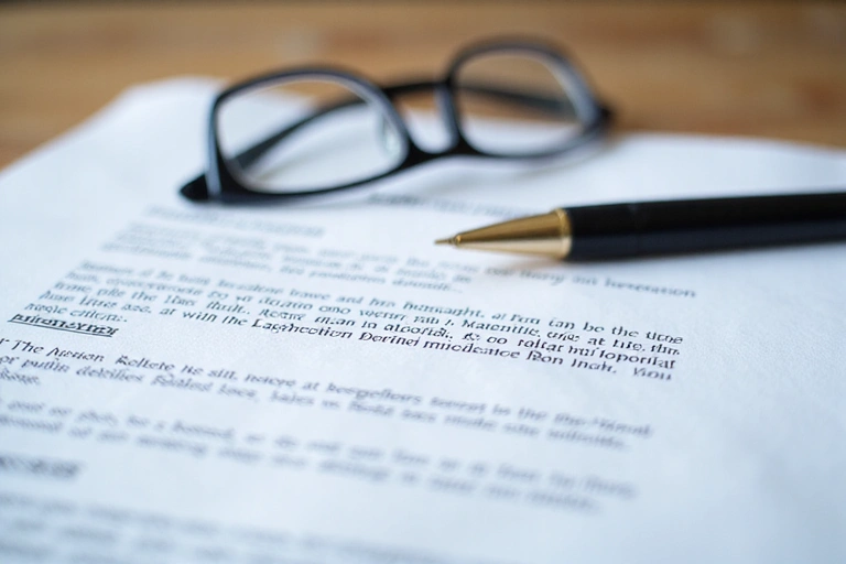 Legal document with a pen and glasses